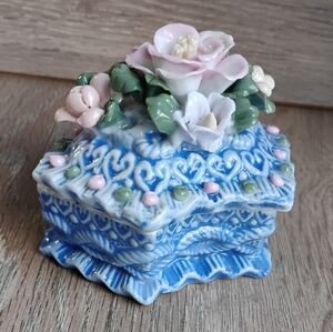 Vintage Bisque China Trinket Box Handmade Flowers Blue